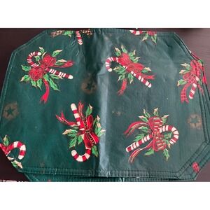 Christmas Placemats Set Green Candy Cane Holly Holiday Decor Good x 2